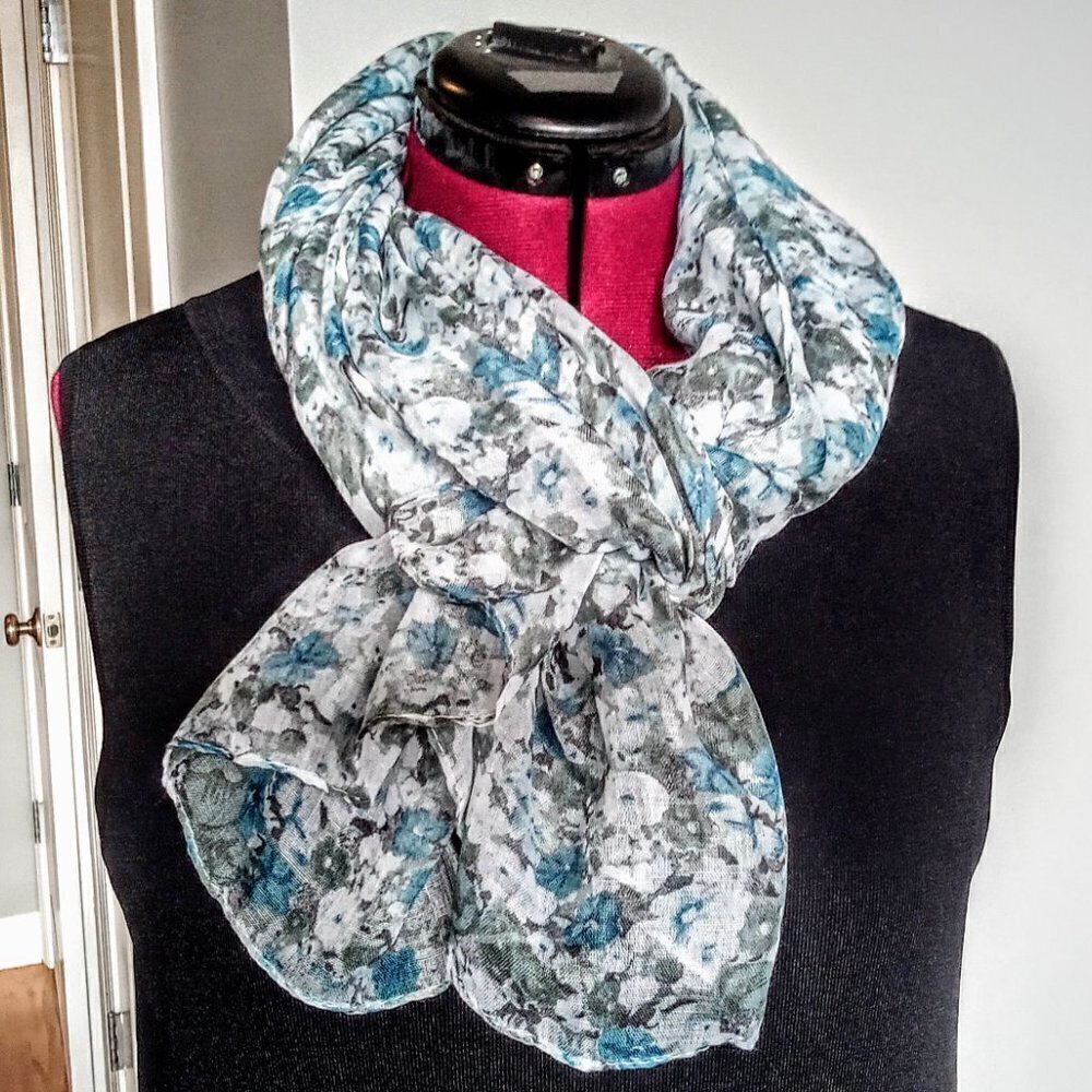 Sheer Blue Grey Floral Woven Oblong Scarf Wrap
